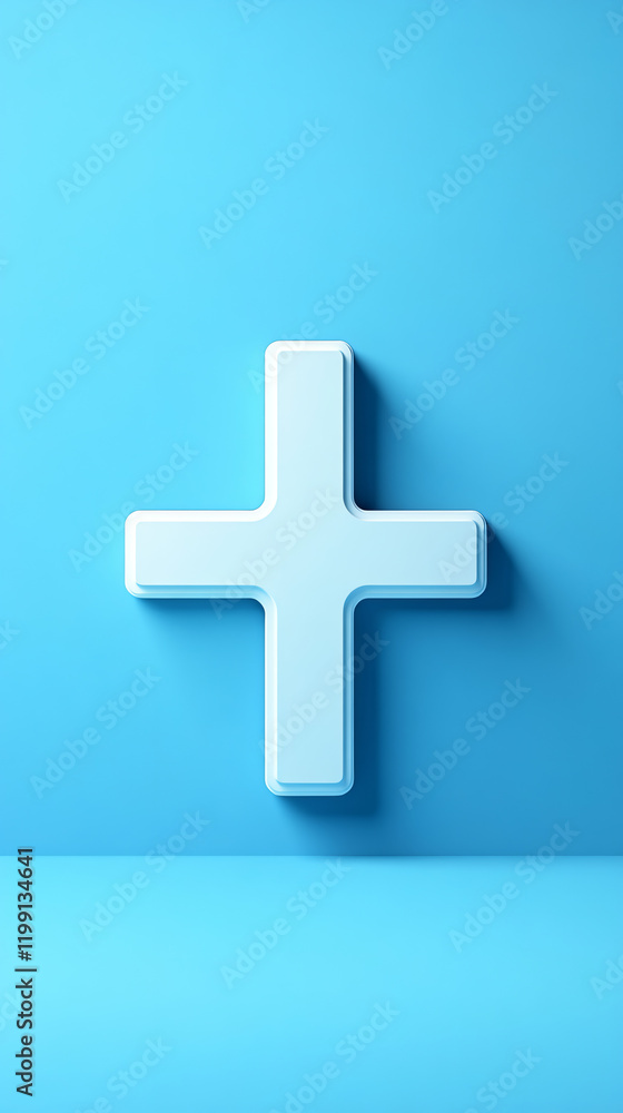 Obraz premium 3d render of a white plus symbol on a blue background, representing concepts of addition, healthcare, positivity, and mathematics