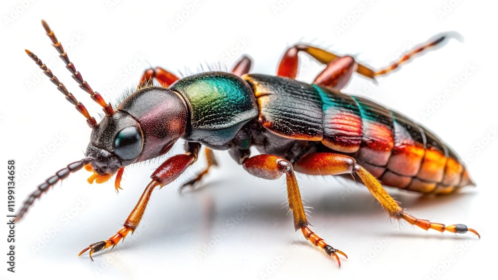 Naklejka premium Close-up of a Rove Beetle on White Background - Macro Insect Photography