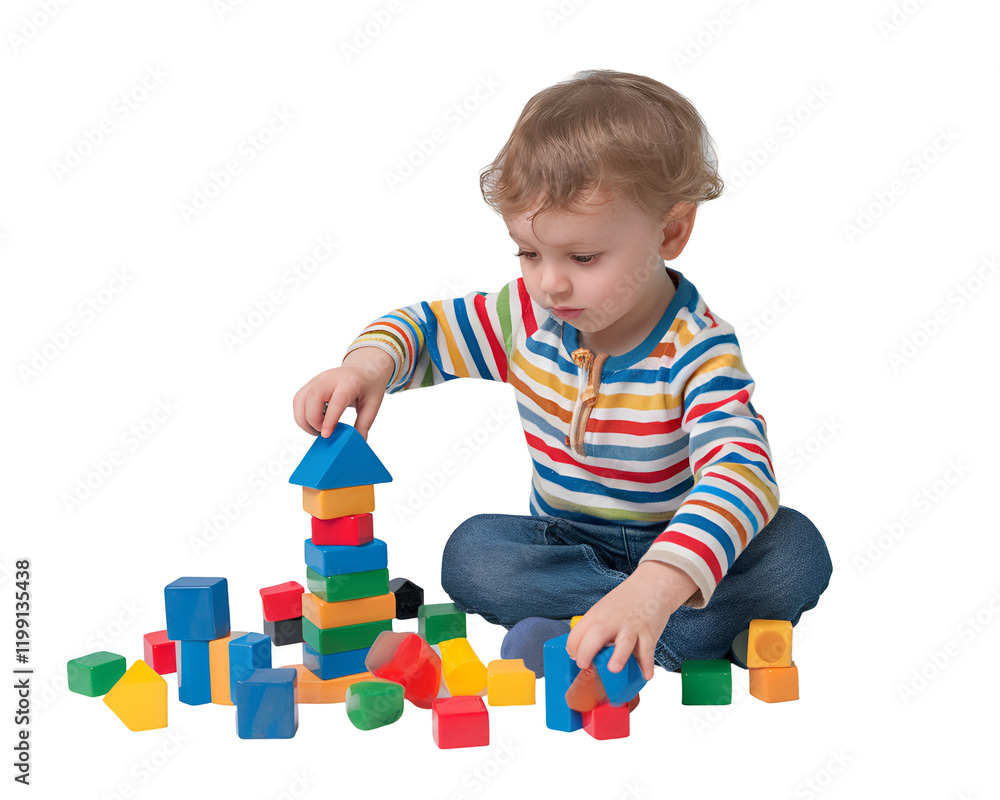 Child with Autism Engaging in Creative Play with Colorful Building Blocks, Focused and Curious Expression, Developmental Activity Isolated on Transparent Background