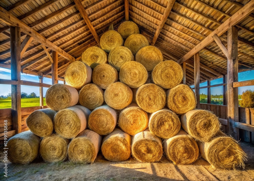 Hay Bales in Wooden Barn - Aerial Close Up Hay Bales in Wooden Barn - Aerial Close Up