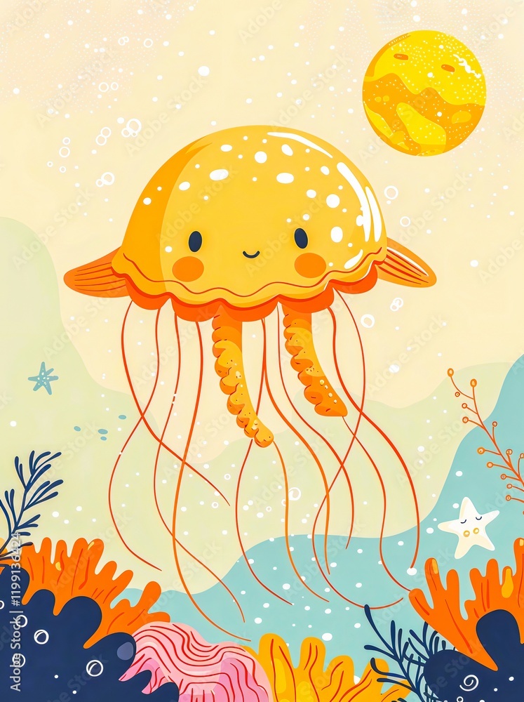 Naklejka premium Jellyfish Floating by Coral Reef