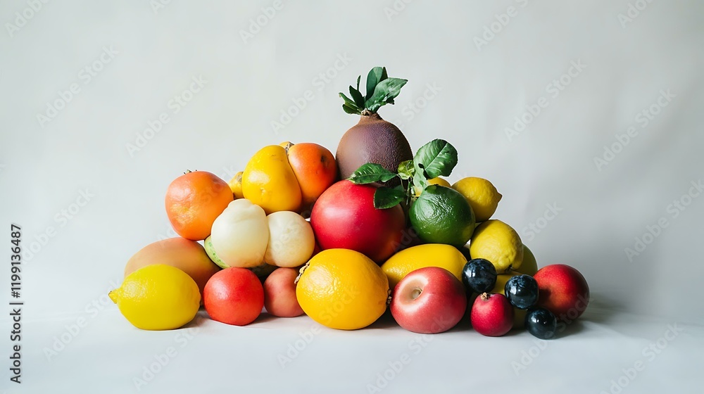 A pile of assorted fruits with a focus on their vibrant colors and textures on a white backdrop A pile of assorted fruits with a focus on their vibrant colors and textures on a white backdrop