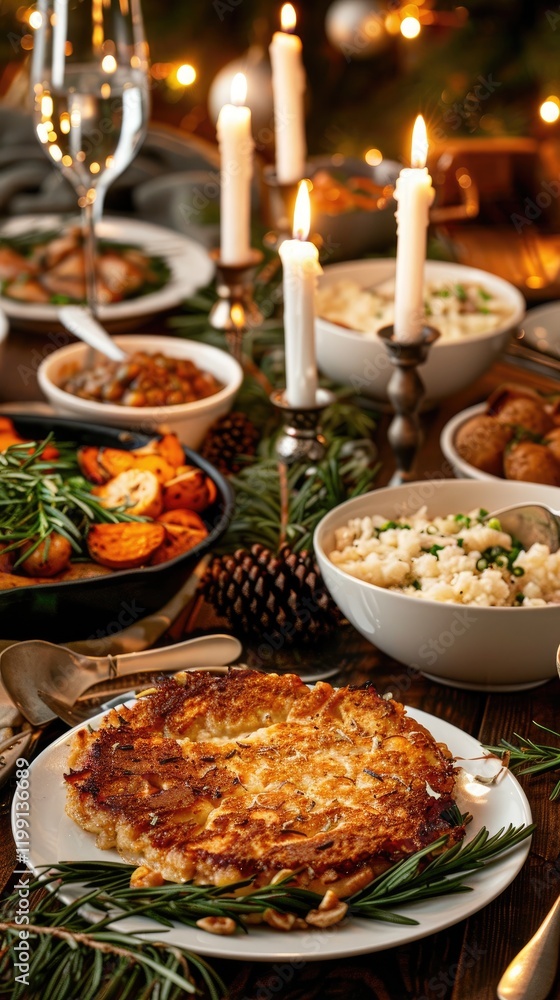 A festive table adorned with a traditional Hanukkah menorah and a variety of delicious dishes, including potato pancakes, for a Women's Shabbat dinner, creating a warm and inviting atmosphere A festive table adorned with a traditional Hanukkah menorah and a variety of delicious dishes, including potato pancakes, for a Women's Shabbat dinner, creating a warm and inviting atmosphere