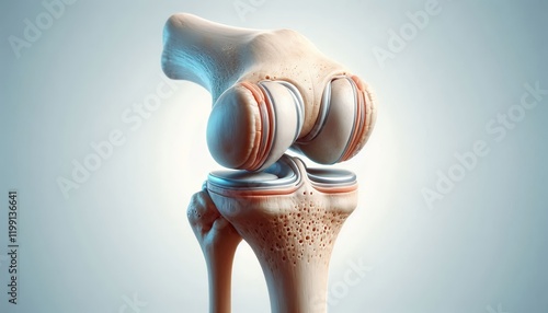 Realistic illustration of a human knee joint, showing bones and cartilage, isolated on a light neutral background for medical or educational purposes,
