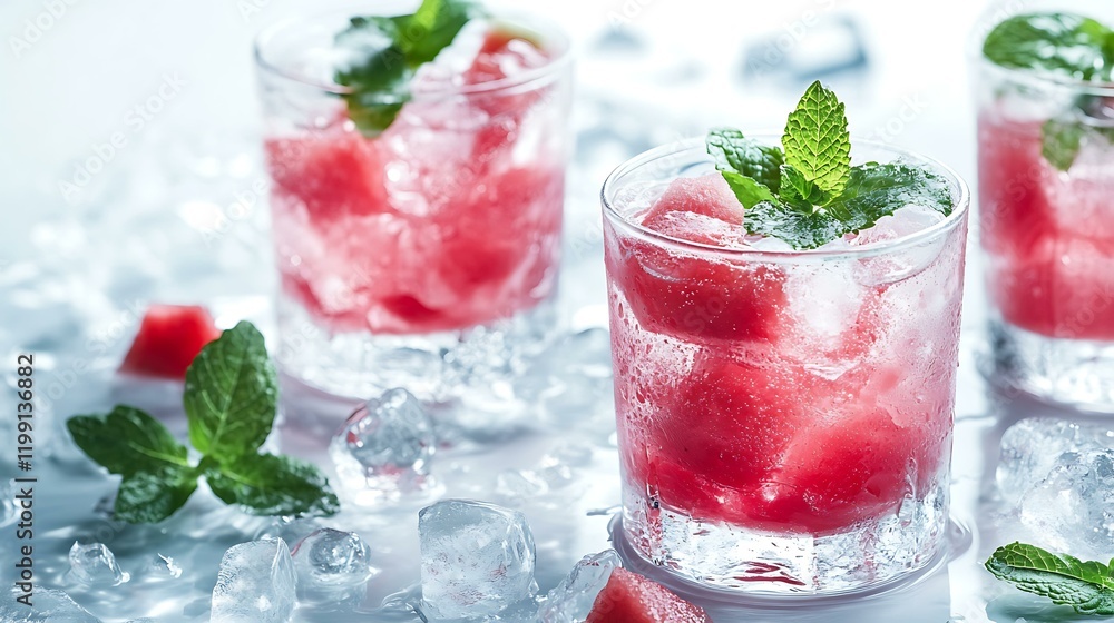 A refreshing summer theme with chilled watermelon slices and mint leaves on a white surface