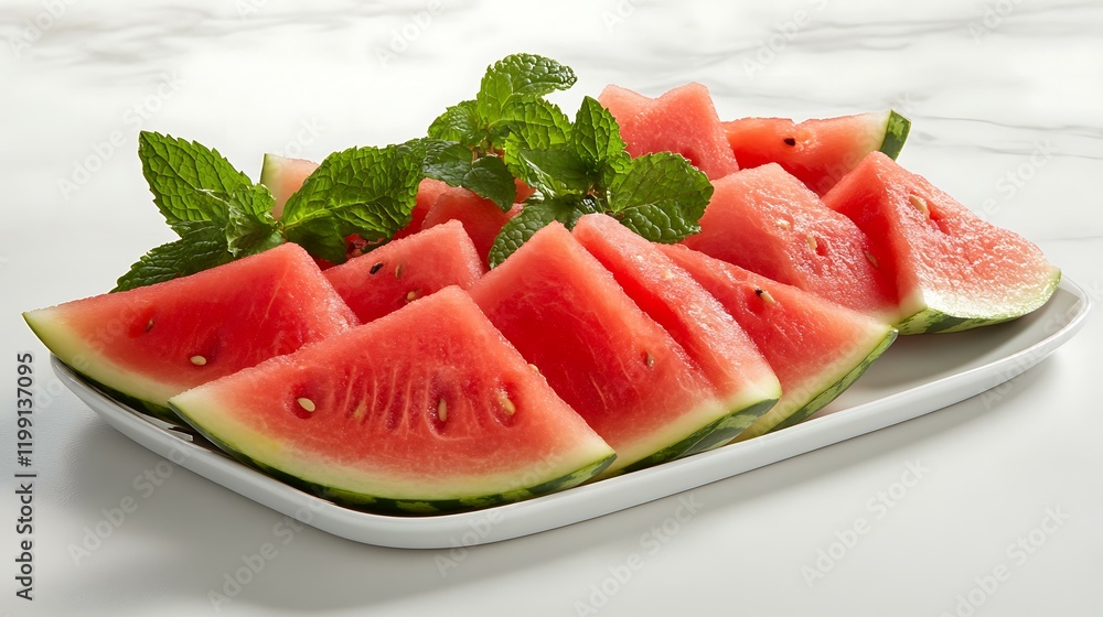 A summer vibe with chilled slices of watermelon and mint leaves arranged on a white surface A summer vibe with chilled slices of watermelon and mint leaves arranged on a white surface