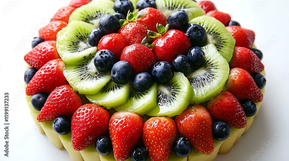 Obraz premium A top-down view of a fresh fruit arrangement with kiwi, strawberries, and blueberries on a white surface