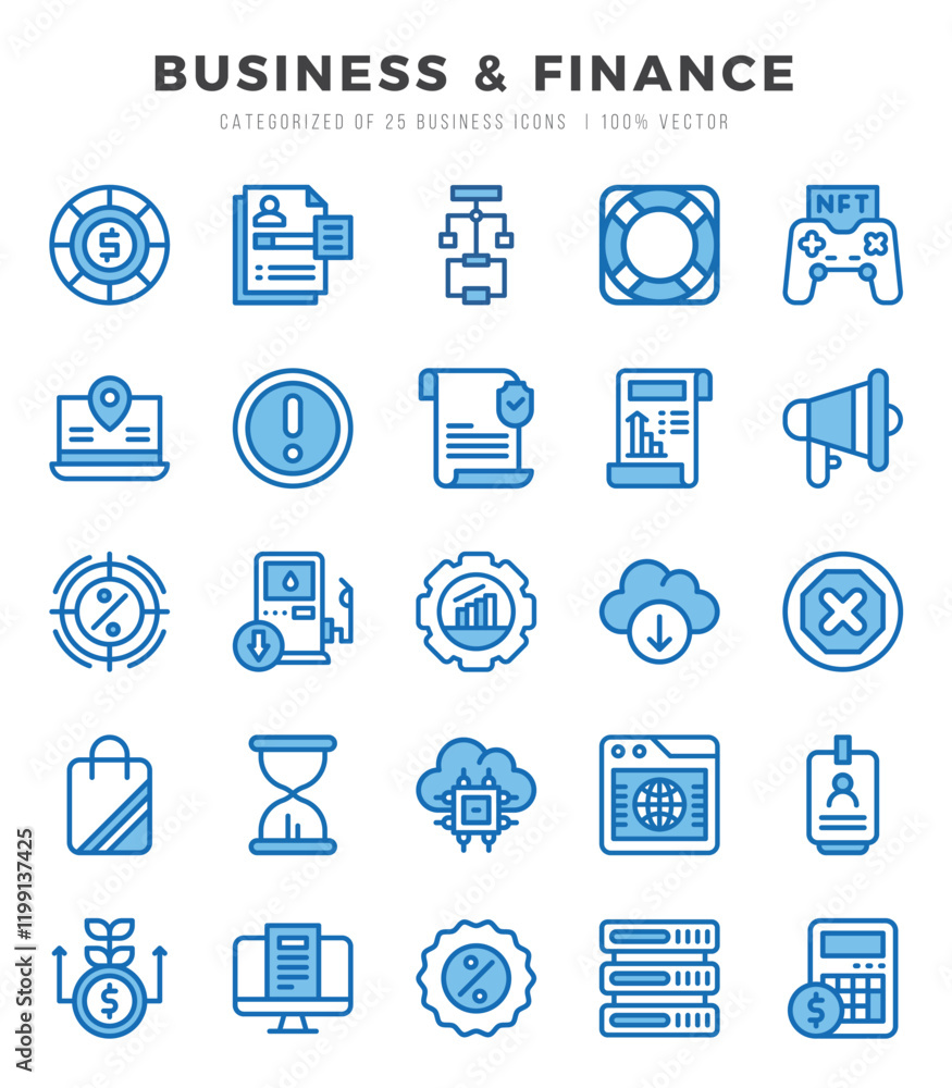 Set of Business & Finance Icons. Simple Two Color art style icons pack. Set of Business & Finance Icons. Simple Two Color art style icons pack.