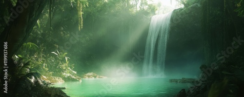 Wallpaper Mural Lush tropical waterfall with sunlit mist and turquoise pool in dense jungle. Torontodigital.ca