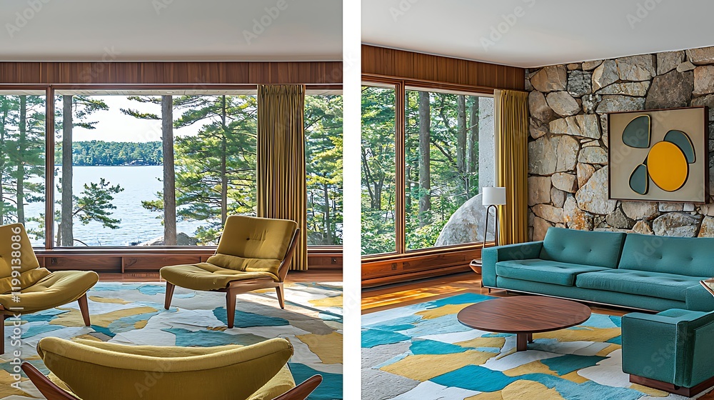 Fototapeta premium Mid-century modern lake house living room interior design