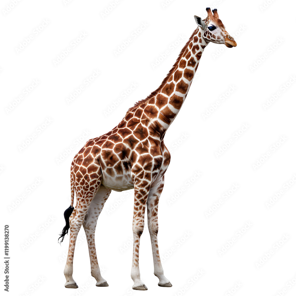 Naklejka premium Graceful Giraffe with Elegantly Extended Neck Standing Tall in Serene Posture Isolated on Transparent Background