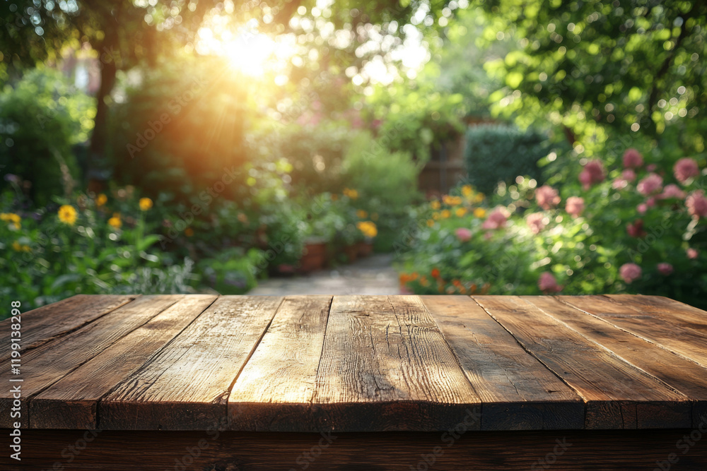 Empty wooden countertop with a blurred background in the form of a backyard garden . Empty wooden countertop with a blurred background in the form of a backyard garden .