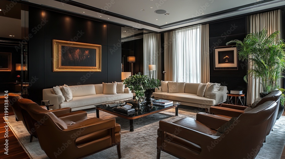 Naklejka premium A luxurious, spacious room with a sleek black wall offers a sophisticated backdrop