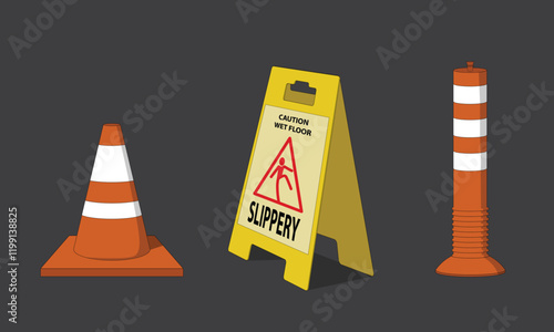 Traffic cone, caution board line art illustration