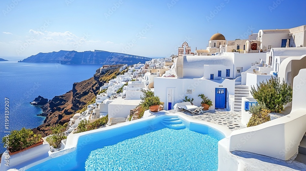 Fototapeta premium A luxurious swimming pool sparkles amidst Santorini’s whitewashed buildings, offering a stunning view of the Aegean Sea on a sunny day