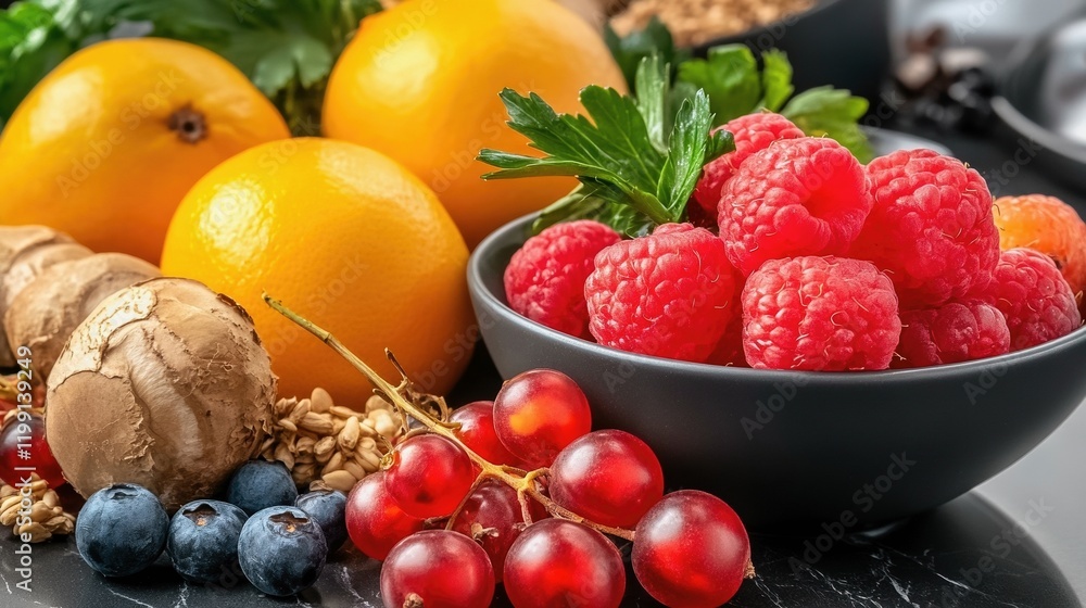 Fresh raspberries, blueberries, grapes, and oranges with herbs Fresh raspberries, blueberries, grapes, and oranges with herbs
