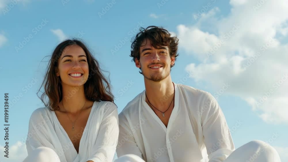 A couple is sitting on a beach, smiling and enjoying the beautiful day. The man is wearing a white shirt and the woman is wearing a white dress A couple is sitting on a beach, smiling and enjoying the beautiful day. The man is wearing a white shirt and the woman is wearing a white dress