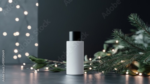 Wallpaper Mural Minimalist White Bottle Surrounded by Greenery and Soft Fairy Lights in Cozy Indoor Setting Torontodigital.ca