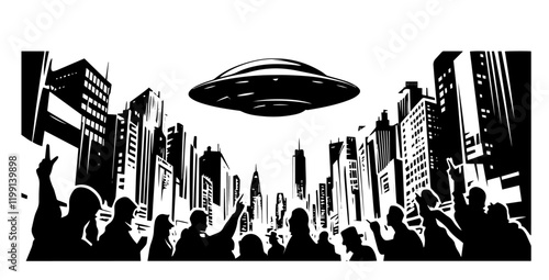 vector illustration of a UFO over a city with a crowd in black and white