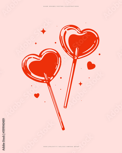 Hand-drawn heart-shaped lollipops in a minimalist vector style. Perfect for Valentine's Day designs, love-themed projects, or confectionery branding.