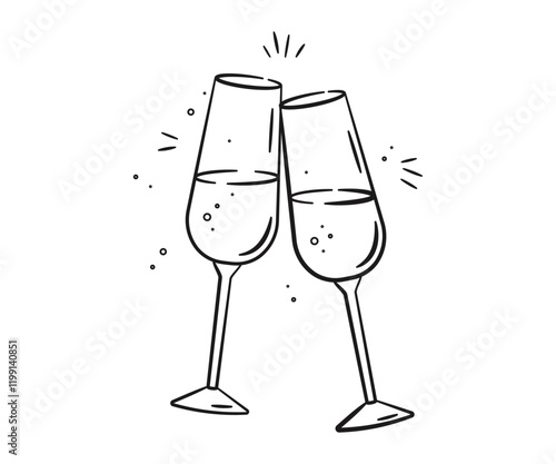 Two glasses of champagne or wine in doodle style. Alcohol and cocktail drink menu. Champagne glasses make cheers. Celebration, party, holiday symbol