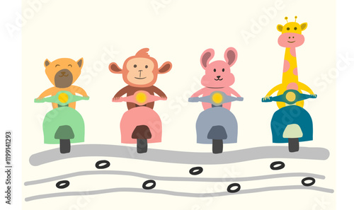 Zoo animals cute illustration riding motorcycle for kids design learning. Vector of giraffe, bunny, dog, monkey in poses