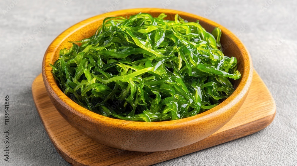 Seaweed is a nutritious superfood vagan food. Fresh seaweed salad in a brown bowl on a wooden tray. Seaweed is a nutritious superfood vagan food. Fresh seaweed salad in a brown bowl on a wooden tray.