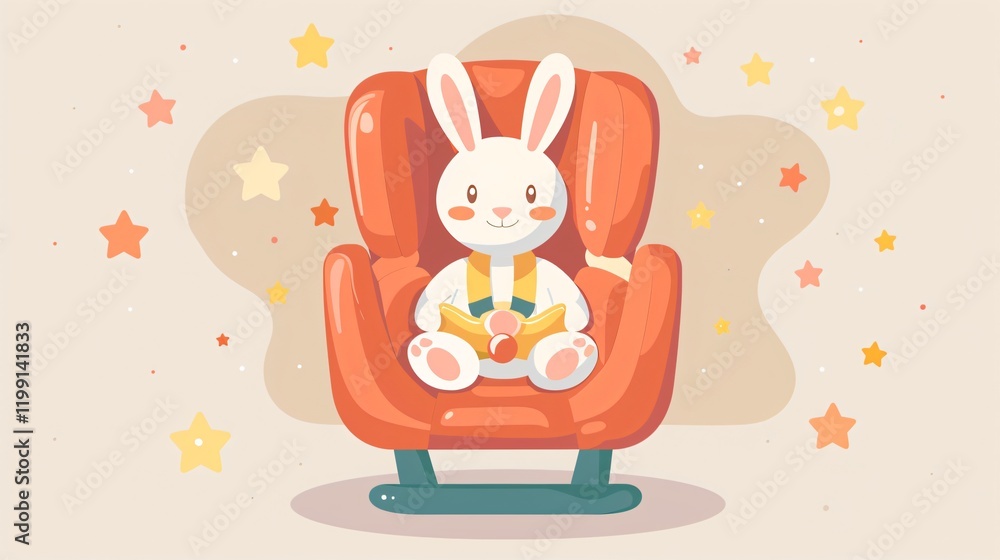 Fototapeta premium Baby Safety Seat with Toy Rabbit Cartoon Vector Illustration
