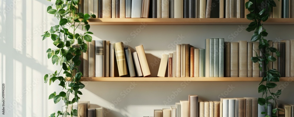 Minimalist bookshelf with classic books and green plant decor. Minimalist bookshelf with classic books and green plant decor.