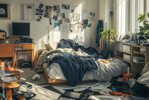 A modern teenager's room that is not tidy, things scattered, unwashed dishes on the table, an unmade bed