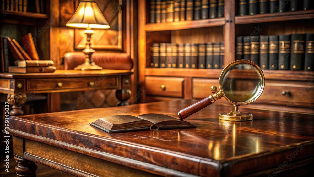 Fototapeta premium A cozy home study with a large wooden desk and a magnifying glass on top of an old leather-bound book