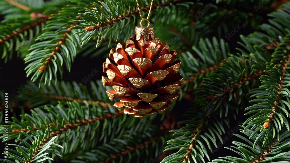Festive Pinecone Ornaments Hanging on Evergreen Branches Festive Pinecone Ornaments Hanging on Evergreen Branches