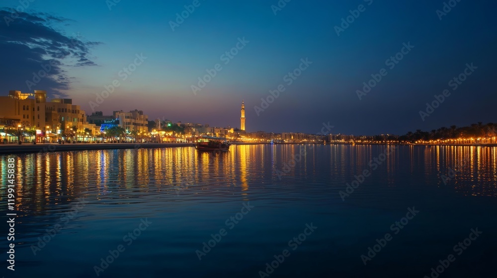 Fototapeta premium A romantic evening dhow cruise along Dubai Creek, with lights reflecting on the water,