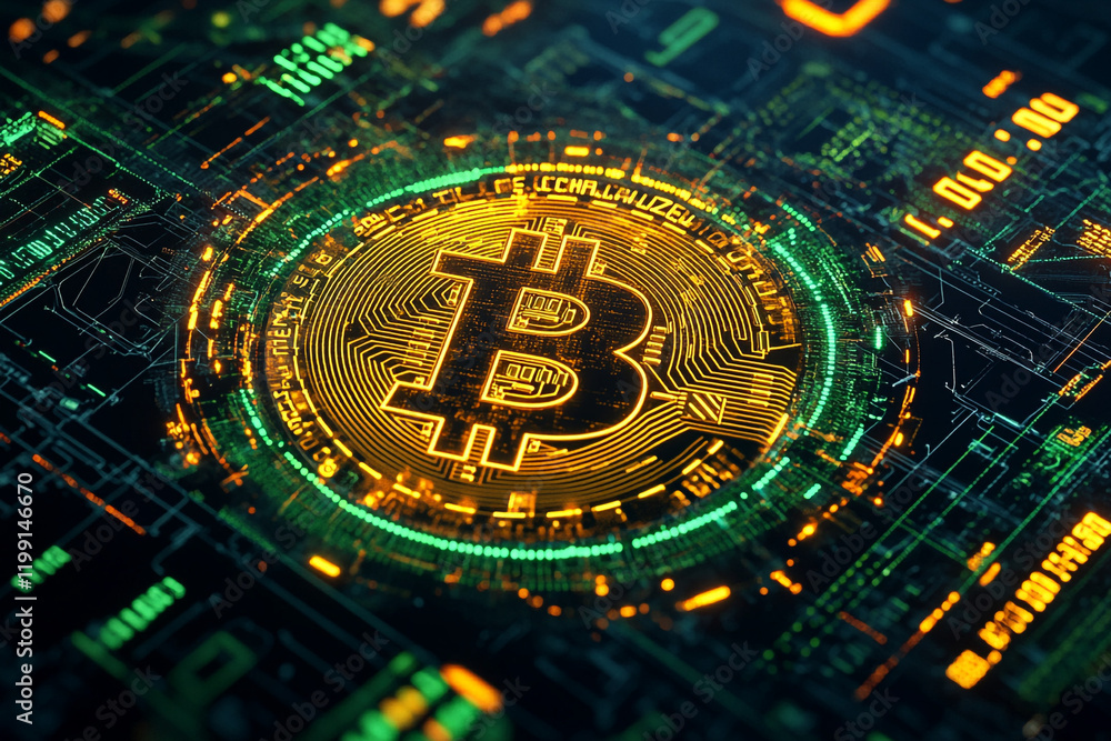The Bitcoin logo in the motherboard. The Bitcoin logo in the motherboard.