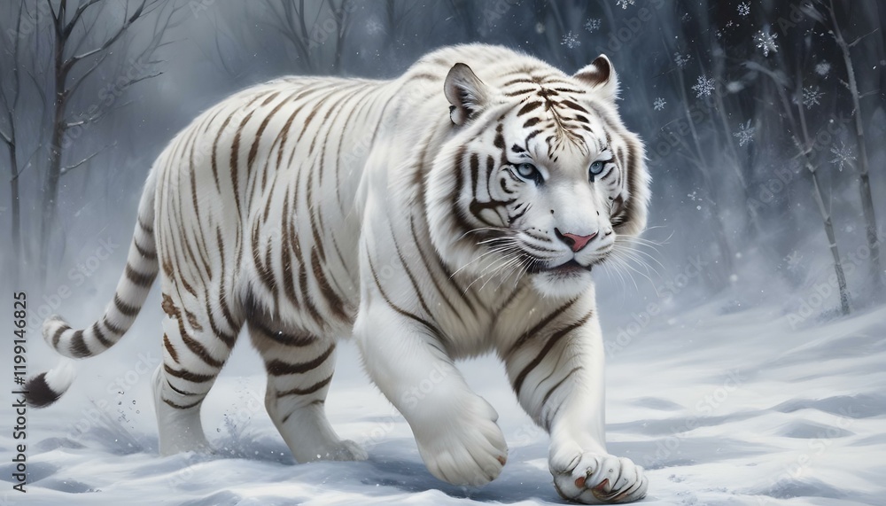 Un tigre blanco caminando sobre la nieve, su pelaje cubierto de copos de nieve, con una expresión feroz e intensa en su rostro Un tigre blanco caminando sobre la nieve, su pelaje cubierto de copos de nieve, con una expresión feroz e intensa en su rostro