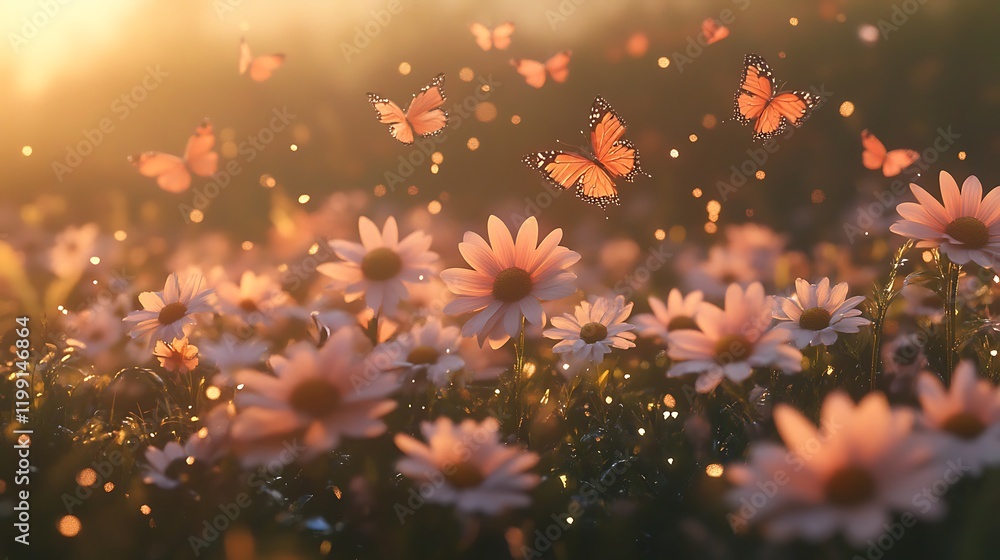 Obraz premium A serene meadow of pink daisies under the soft light of dusk with butterflies creating a dreamy atmosphere