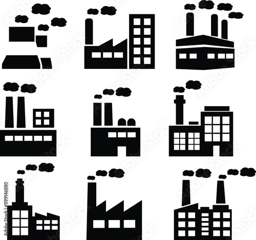 Industrial building factory icon set.Factory and industrial vector line icon.Industry power, chemical manufacturing building warehouse nuclear energy plant.Industrial building, factory and power plant