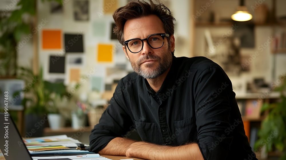 Designer, young to middle-aged, with short, neatly combed hair, fashionable black-framed glasses, neatly trimmed beard, casual but stylish clothing, glasses, sitting at a modern table with a laptop Designer, young to middle-aged, with short, neatly combed hair, fashionable black-framed glasses, neatly trimmed beard, casual but stylish clothing, glasses, sitting at a modern table with a laptop