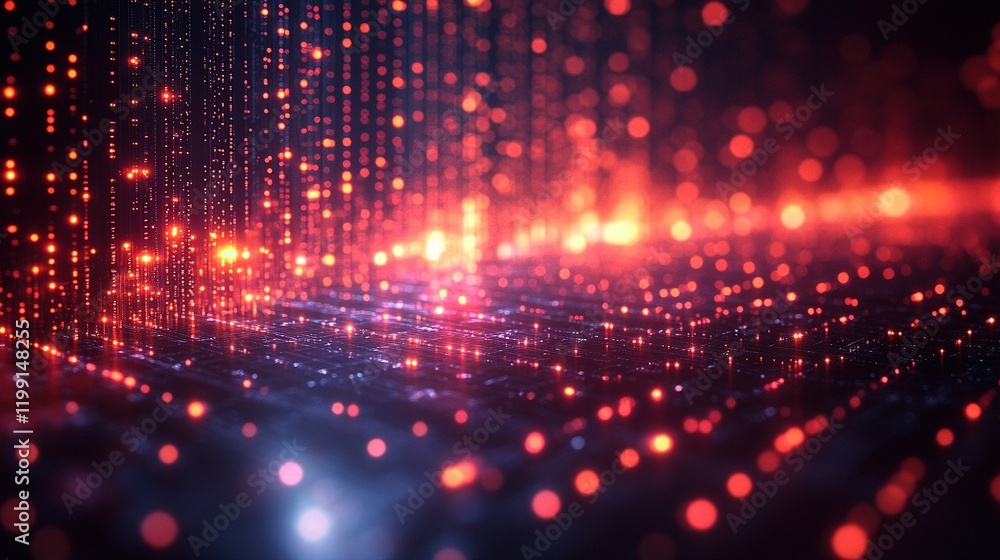 Red digital rain on dark background with glowing particles Red digital rain on dark background with glowing particles