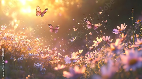 Wallpaper Mural A serene field of pink daisies glowing under the soft embrace of warm sunlight with delicate butterflies soaring Torontodigital.ca