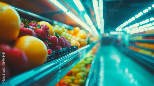 Fototapeta Naklejka Na Ścianę i Meble -  Vibrant fresh fruits displayed in supermarket aisle with blurred background for emphasis