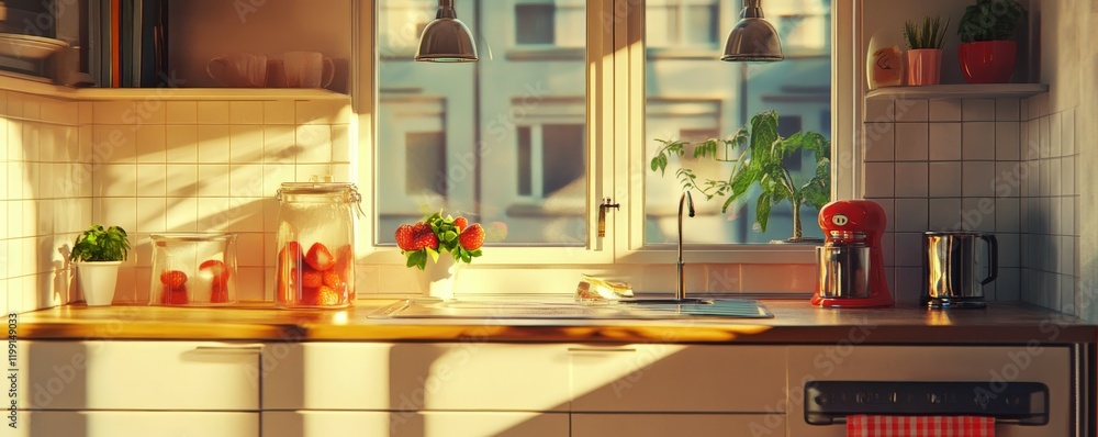Refreshing summer strawberry drink in sunlit kitchen. Refreshing summer strawberry drink in sunlit kitchen.