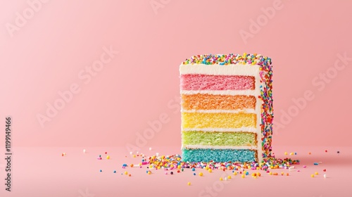 A vibrant, multi-layered cake with colorful frosting and sprinkles against a soft pink background.
