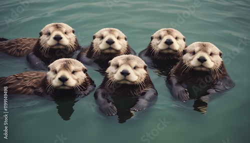 Cuatro nutrias marinas flotando en el agua, con sus lindas caras y patas visibles sobre la superficie photo