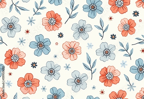 Wallpaper Mural Seamless Repeating Floral Background with Vintage Fabric Texture, Featuring Blue, White, and Red Pastel Colors
 Torontodigital.ca