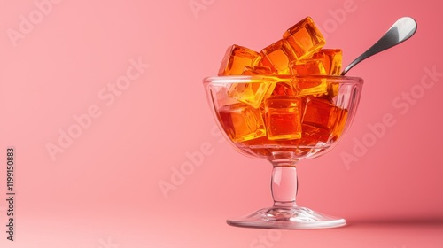 A glass bowl filled with vibrant orange gelatin cubes sits on a pink background, with a spoon resting on the edge, creating a visually appealing dessert display.