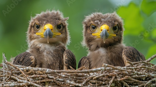Two eagle chicks in nest, looking directly at camera.