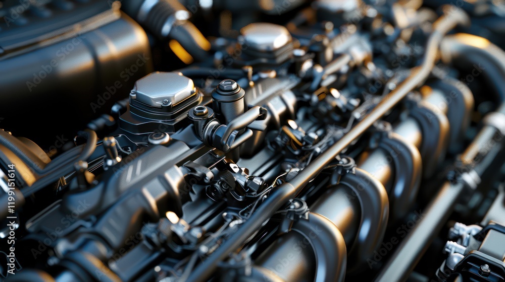 A detailed view of a car engine, showcasing fuel injectors, cylinder heads, and valve covers, with smooth transitions and realistic lighting highlighting the textures A detailed view of a car engine, showcasing fuel injectors, cylinder heads, and valve covers, with smooth transitions and realistic lighting highlighting the textures