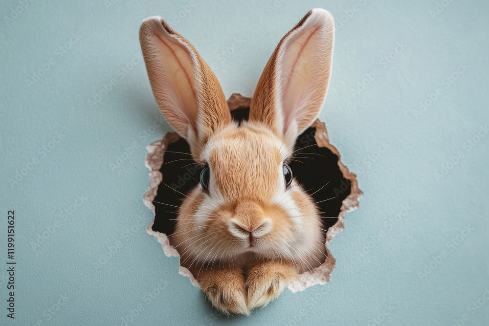 Obraz premium Cute bunny peeking through a torn hole in a blue wall
