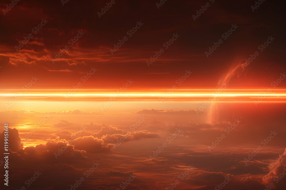 Fiery sunset landscape from above the clouds, featuring a bright horizontal line of light across a dramatic, red sky. Perfect for science fiction or fantasy projects. Fiery sunset landscape from above the clouds, featuring a bright horizontal line of light across a dramatic, red sky. Perfect for science fiction or fantasy projects.
